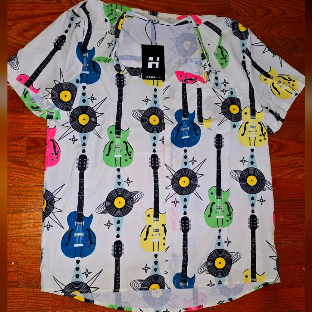 🎸Guitar Polyester Button Down Sz L 🎵🎼